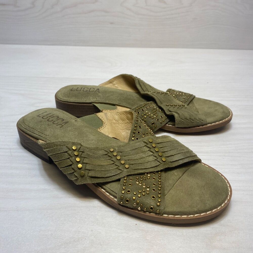 Lucca Lane Sonya Women's Sandals Green Aloe Size 6.5 M Studded Slides Leather